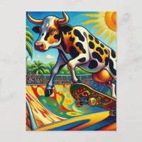 Colorful Cow Skateboarding Postcard