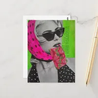 Woman With Strawberry Purse Mixed Media Collage Postcard