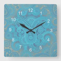 Turquoise Paisley Square Wall Clock