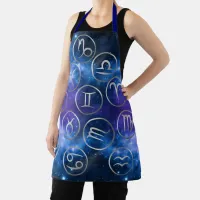 Twelve Grey Zodiac Symbols on blue galaxy | Apron