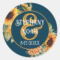 Navy Blue and Gold Sunflower Wedding Classic Round Sticker