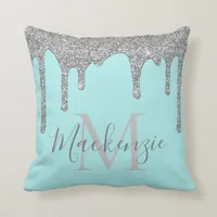 Chic Silver Teal Glitter Drips Monogram Throw Pillow