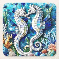 Mosaic Seahorses Romantic Beachy   Square Paper Coaster
