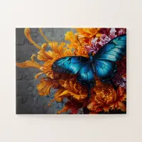 Midnight Blue Butterfly Deep Orange Flowers Jigsaw Puzzle