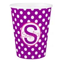 Name and Initial, Polka Dots with Pink and Purple Paper Cup