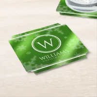 Festive Green Foil Snowflakes Monogram Name Paper Coaster