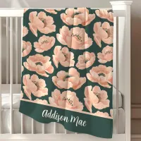 Peach And Green Peony Elegant Floral Baby Blanket