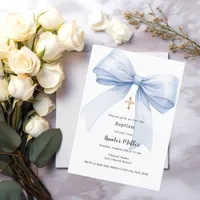 Blue bow boy Baptism Invitation