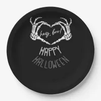 Hey, Boo! Happy Halloween Skeleton Hand Heart Clas Paper Plates