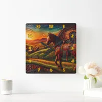 Majestic Horse in Colorful Sunset Landscape Square Wall Clock