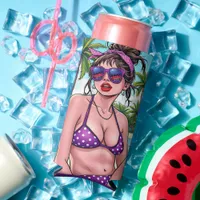 Women in Purple Bikini and Bandanna at Beach  Seltzer Can Cooler