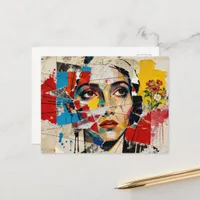 Mixed media Face and flowers Collage Postcard