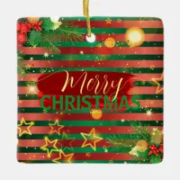 Red Green Striped Festive Merry Christmas Photo Ceramic Ornament