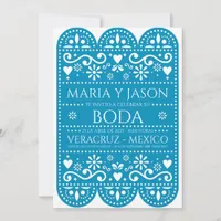 Turquoise Papel Picado Folk Art Spanish Wedding Invitation