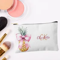 Pink bow pineapple tropical summer monogram accessory pouch