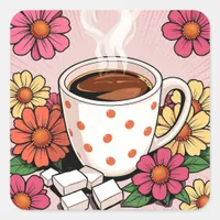 Cute Polka Dot Coffee Cup and Flowers Square Sticker