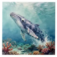 Oceanic Blue Whale Watercolor Coastal Art Ceramic Tile