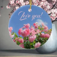 Pink rose bush under blue sky, custom  ceramic ornament