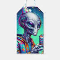 Alien holding Birthday Cake  Gift Tags