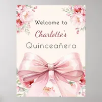 Pink bow cream florals Quinceanera welcome Poster