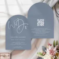 Modern We Do Script Dusty Blue QR Code Wedding Invitation