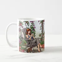 Pretty Woman Drinking Coffee, Her Dog and Plants Coffee Mug