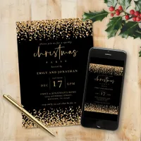 Classy Gold Faux Glitter Christmas Party Black Invitation