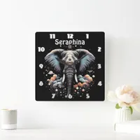 Floral dawn elephant art square wall clock