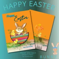 Cute Easter Bunny with chicks Orange Holiday Card