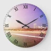 Santa Monica Beach - Green Purple Photo Edit Large Clock