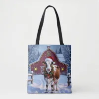 A Festive Cow in Santa Hat Country Christmas   Tote Bag