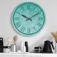 Teal Glitter Roman Numeral Sparkle Girly Large Clock