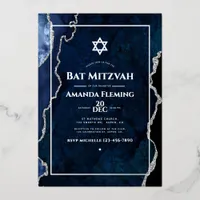 Navy and Silver Faux Agate Bat Mitzvah Photo Foil Invitation