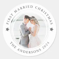 Personalized First Married Christmas Photo Classic Round Sticker