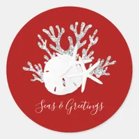 Coastal Beach Christmas Red Seas and Greetings Classic Round Sticker