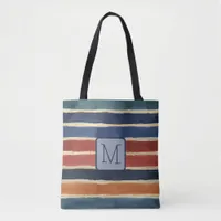 Wide Watercolor Stripes Navy Color Block Monogram Tote Bag