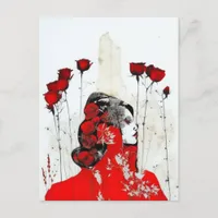 Woman in Red with Red Roses Postcard