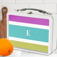 Color Block Stripe Bright Colorful Monogrammed Metal Lunch Box