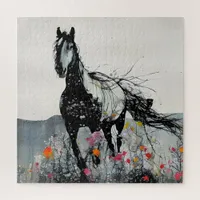 Black Horse in Wildflowers Jigsaw Puzzle