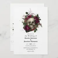 Burgundy Floral Skull Halloween Gothic Wedding Inv Invitation