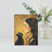 Woman and a Black Cat Postcard