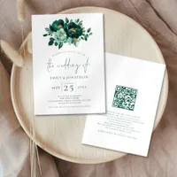 Emerald Green Florals QR Code Wedding  Invitation