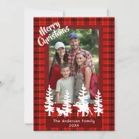 Merry Christmas family photo red plaid forest Holiday Card