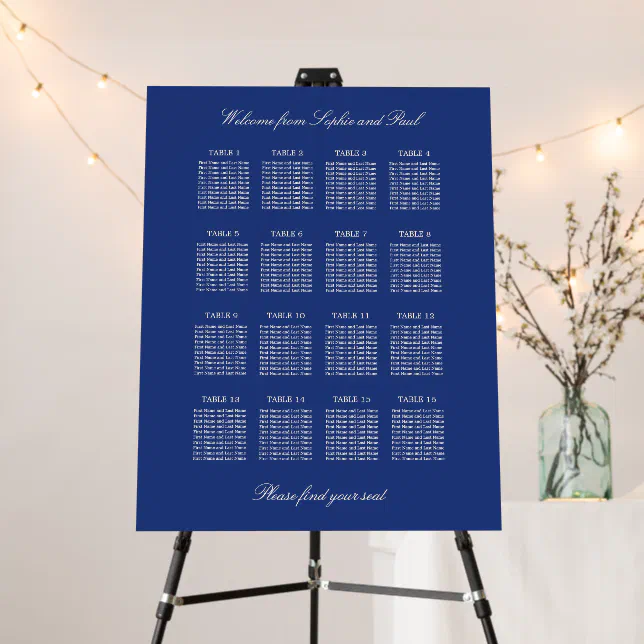 Dark Blue 16 Table Wedding Seating Chart Foam Board