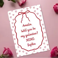 Personalized Galentine's Day Cute Red Hearts & Bow Card