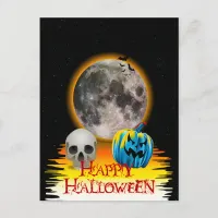 Full Moon, Skull and Blue Pumpkin at Night. Postcard