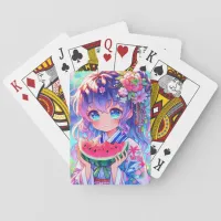 Cute Anime Girl Eating Watermelon on a Summer Day Poker Cards