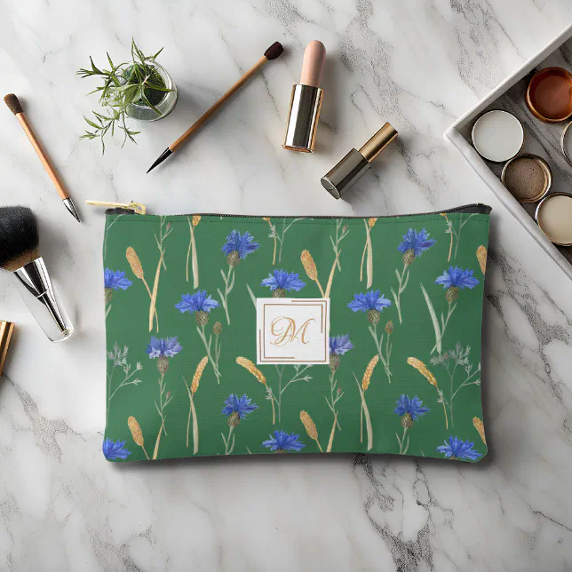 Green Floral Wildflower Monogram Accessory Pouch