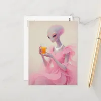 Beautiful Alien Lady in Pink With Orange Juice Postcard