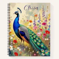 A Green and Blue Peacock in Flowers Personalized Notebook